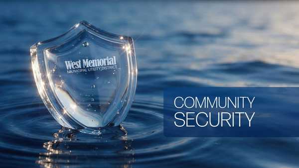 Glass shield with the West Memorial Municipal Utility District logo rests in rippling water beside the words “Community Security,” symbolizing protection and safety.